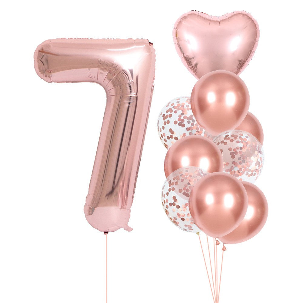 Set 10 Baloane Folie si Latex, ANGELBEAR, Tematica Aniversare, Baloane Latex 25cm, Figurina Inimioara 45 cm, Cifra 7 de 81 cm, Ambalaj Individual, Pai Inclus, Umflare cu Aer sau Heliu, Roz Pal